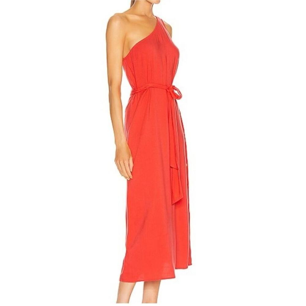Flagpole NYC Dress Women's XL Red One Shoulder Corsica Side Slit Belted Buttons - Picture 3 of 12